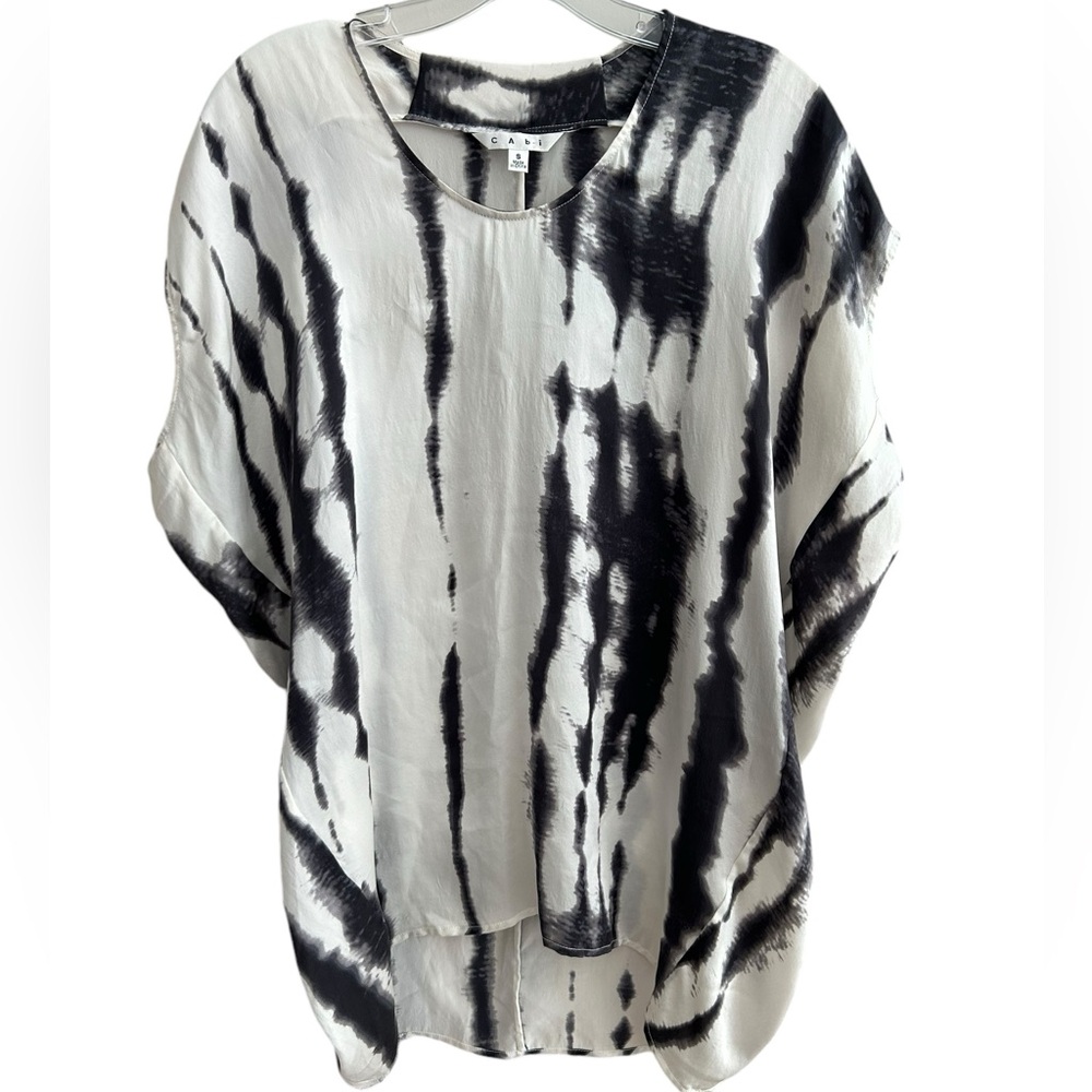 Cabi TieDye Tunic Silk VNeck black & white loose fit top M